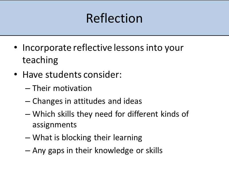 Reflection Incorporate reflective lessons into your teaching Have students consider: Their motivation Changes in